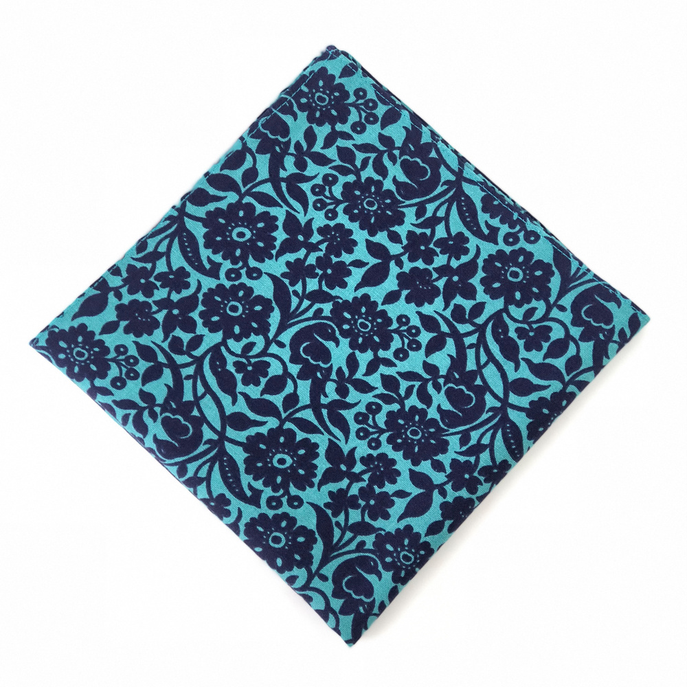 Teal w/ Navy Floral Pocket Square Handkerchief